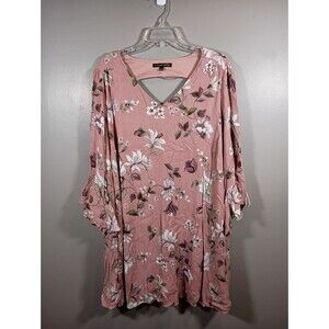 Always Indigo Mauve Midi Keyhole Pink Floral Bell Sleeve Dress Plus Size 2X